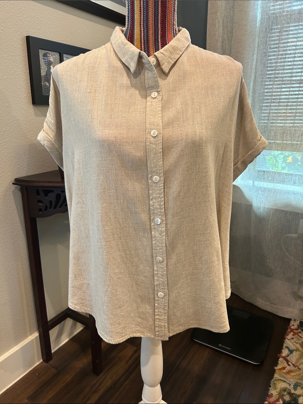 Lightweight Button-Front Short Sleeve Linen Blend Blouse in Khaki Beige